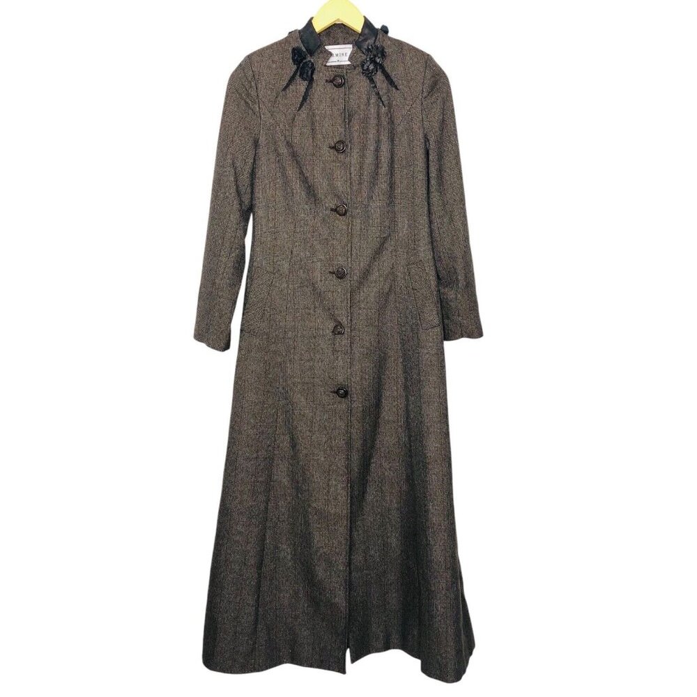 Vtg Turkey ARMINE Women Tweed Coat Brown Long Overcoat Flowers Collar Edwardian